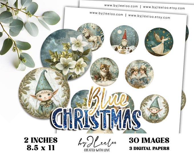 BLUE CHRISTMAS 2 inch printable Tags DIY Gift Labels Bottle Caps Stickers | Collage sheet | Cupcake Toppers Christmas Decorations | tn832