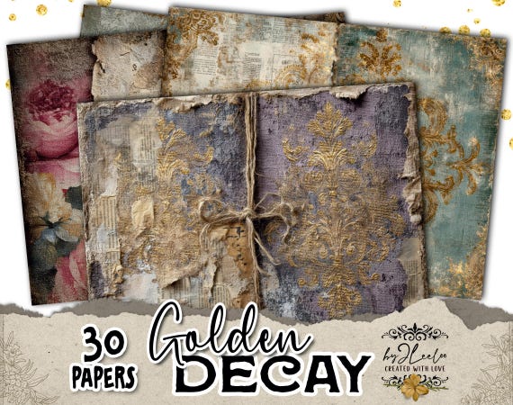 GOLDEN DECAY 30 Vintage Baroque Damask Papers Aged Collage Backgrounds | Grunge Floral Journal Pages for Junk Journaling Scrapbook | pp992