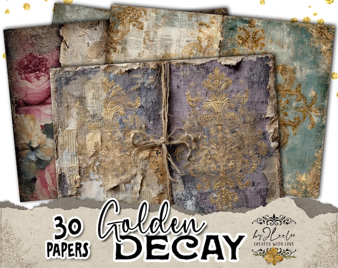 GOLDEN DECAY 30 Vintage Baroque Damask Papers Aged Collage Backgrounds | Grunge Floral Journal Pages for Junk Journaling Scrapbook | pp992
