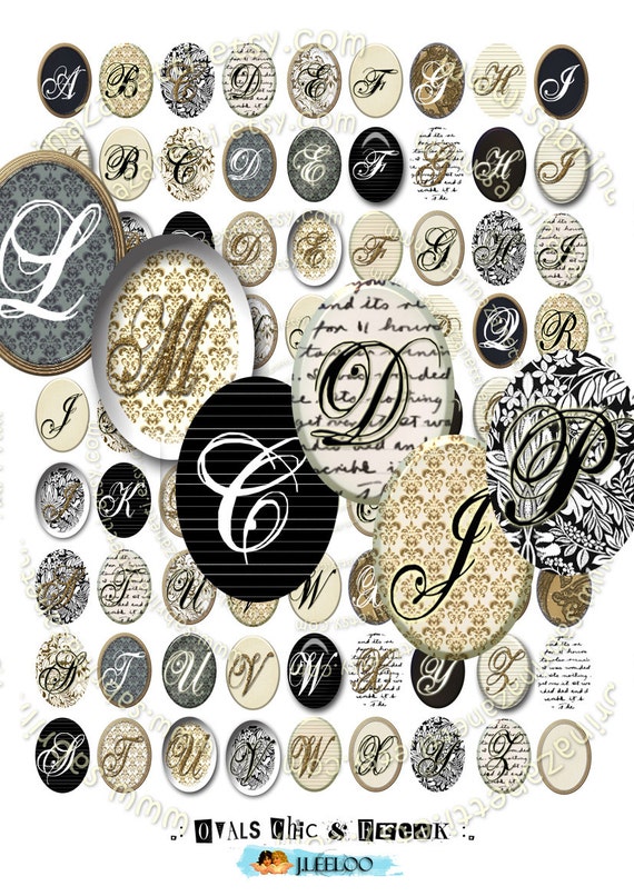Digital paper OVALS CHIC N FREAK printable 25x18 mm vintage alphas damask gold collage for pendants instant download paper papers  ov105