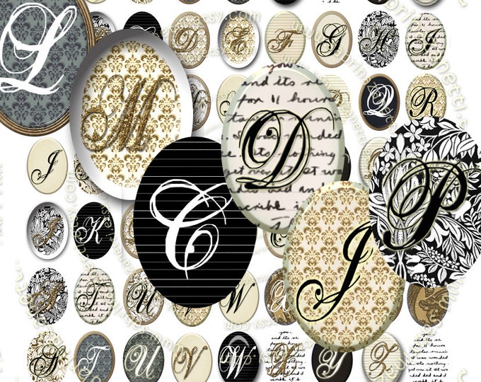 Digital paper OVALS CHIC N FREAK printable 25x18 mm vintage alphas damask gold collage for pendants instant download paper papers  ov105