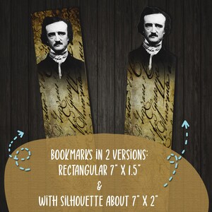 May include: Two versions of a bookmark featuring a silhouette of Edgar Allan Poe. The bookmark is rectangular and measures 7 inches by 1.5 inches. The silhouette version is approximately 7 inches by 2 inches.