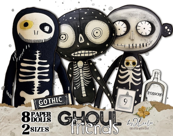 GHOUL FRIENDS Halloween monster dolls | 8 hand-drawn scary cute digital collage | journal page scrapbook printable  Commercial Use | pp840