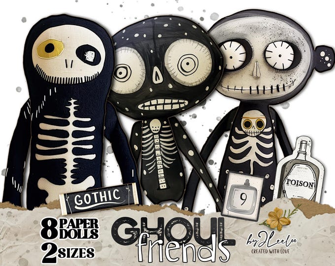 GHOUL FRIENDS Halloween monster dolls | 8 hand-drawn scary cute digital collage | journal page scrapbook printable  Commercial Use | pp840