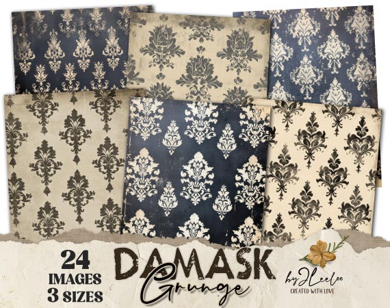 DAMASK GRUNGE 24 sheets 3 Sizes background | Dark Junk Journal Pages | Backdrop vintage papers | scrapbook digital | Commercial Use | pp917