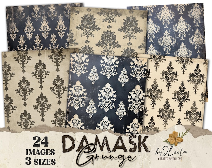 DAMASK GRUNGE 24 sheets 3 Sizes background | Dark Junk Journal Pages | Backdrop vintage papers | scrapbook digital | Commercial Use | pp917