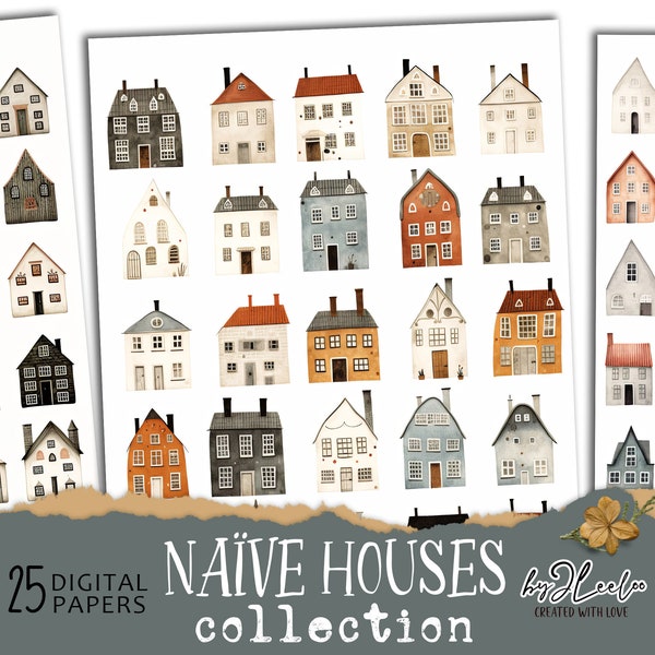 NAÏVE HOUSES COLLECTION papiers vintage | imprimables enfants coupés épais, tons neutres | arrière-plans artistiques de journal dessinés à la main | pp773