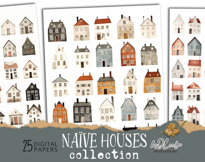 NAÏVE HOUSES COLLECTION vintage papers | printable fussy-cut children textures neutral tones | backgrounds hand-drawn journal art | pp773