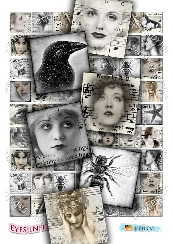 Digital collage EYES in THE FOG 1x1 inch square black white romantic for resin pendant clipart magnet instant download printable qu139