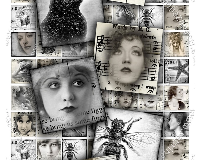 Digital collage EYES in THE FOG 1x1 inch square black white romantic for resin pendant clipart magnet instant download printable qu139