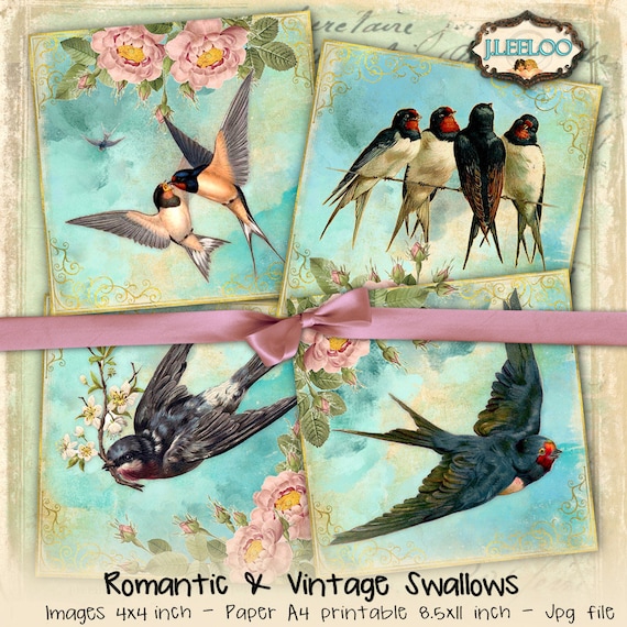 SWALLOWS 4x4 inch Images Printable Collage Sheet for Coasters Greeting cards Magnets Gift tags Iron on transfer qu465