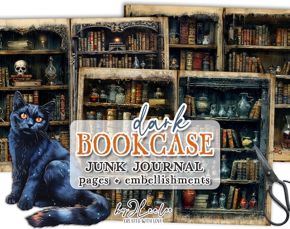 DARK BOOKCASE junk journal printable | blank half pages tags Mixed Media supplies Distressed vintage paper card making collage diary | pp770