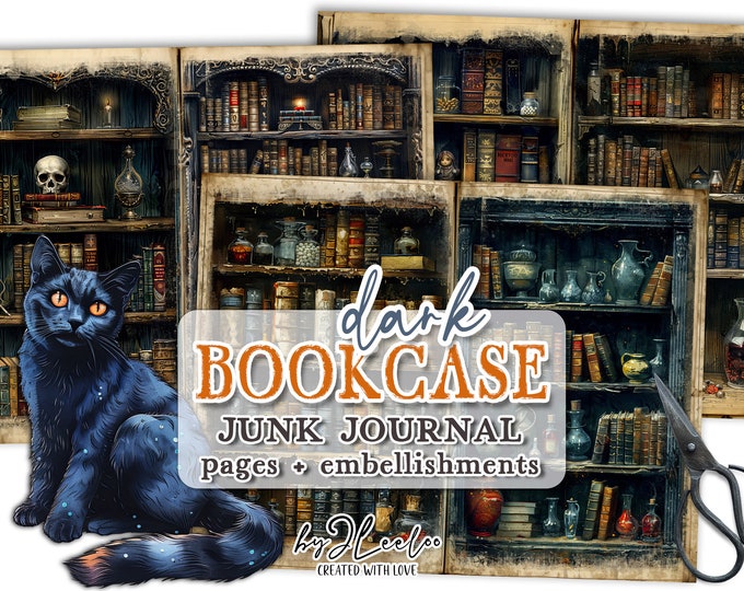 DARK BOOKCASE junk journal printable | blank half pages tags Mixed Media supplies Distressed vintage paper card making collage diary | pp770