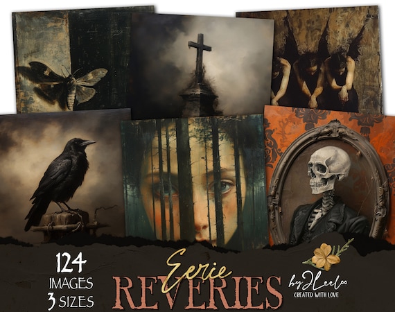 EERIE REVERIES 124 gothic 3 Sizes Halloween themed | Oil painting macabre creepy horror dark painting | Junk Journals Digital Art CU | cp031
