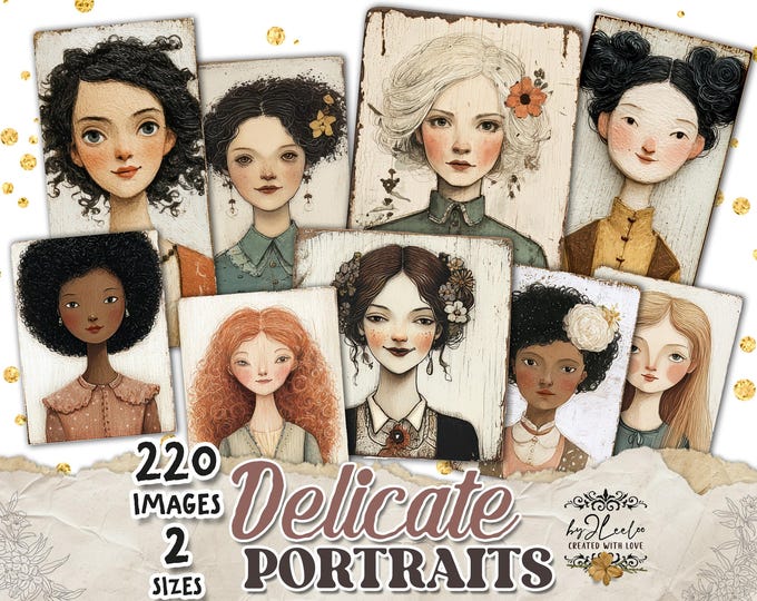 DELICATE PORTRAITS – Printable Vintage illustration Sheets | Junk Journal Ephemera | JPEG Collage Pages for Scrapbooking & Crafts | cp042