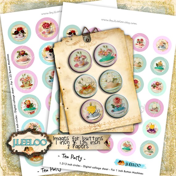 TEA PARTY 1.313 1.629 inch for button machine Digital collage sheet printable instant download vintage mirrors toppers- tn505