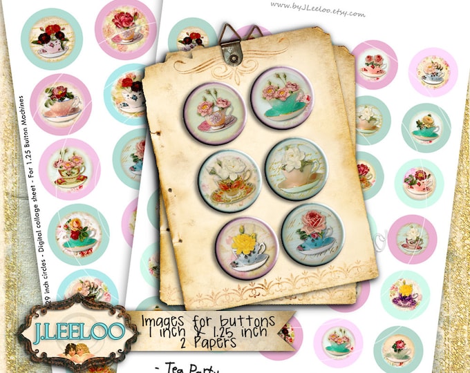 TEA PARTY 1.313 1.629 inch for button machine Digital collage sheet printable instant download vintage mirrors toppers- tn505