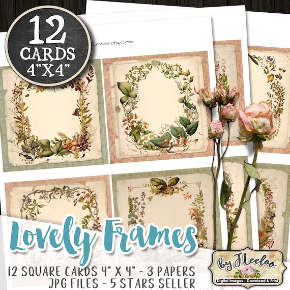 LOVELY FRAMES 4x4 inch 12 cards for coaster hang tag magnet journal DIY scrapbooking invitation | Botanical cards vintage documents | qu551