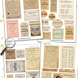 May include: A digital collage sheet featuring vintage ephemera, including labels, tags, and tickets. The design incorporates various styles, colours, and fonts, with text such as "White Star Line," "Library," and "Saskatoon Jam." The sheet is 21.59 x 27.94 cm.