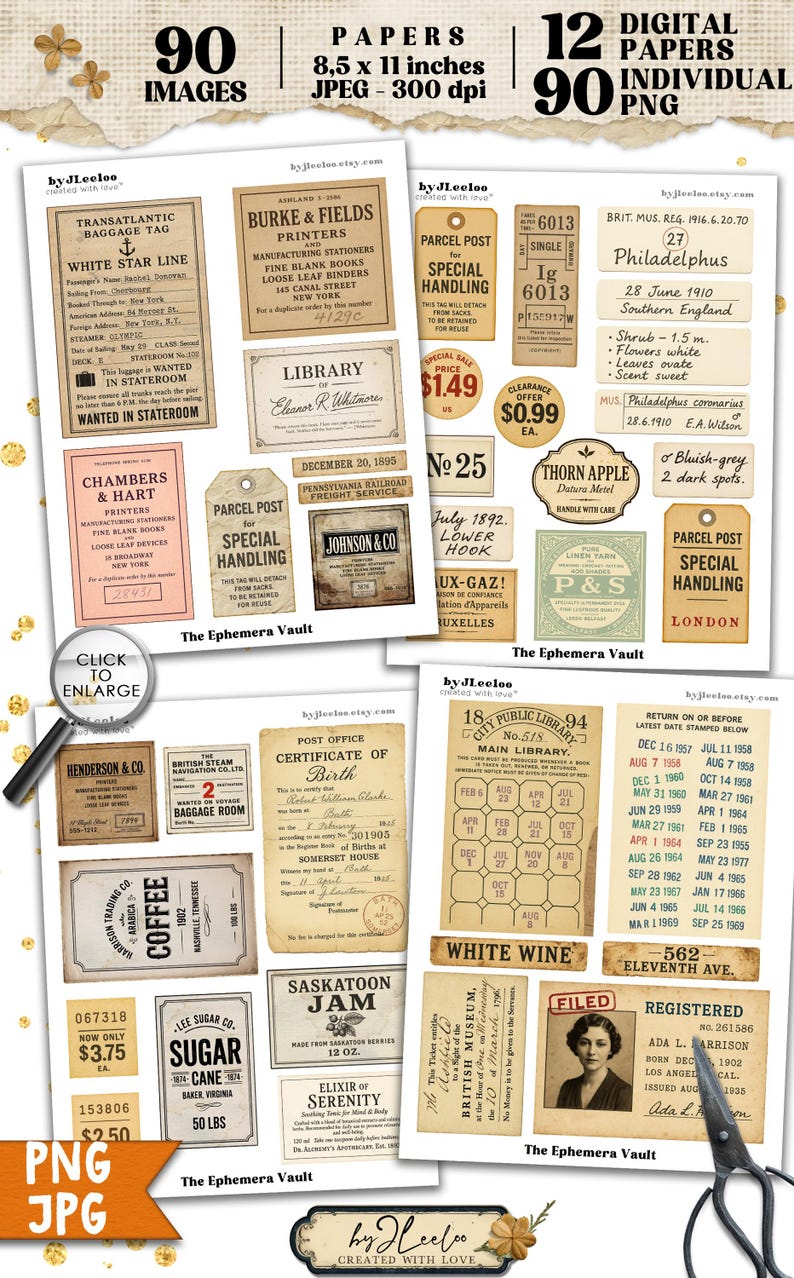 May include: A digital collage sheet featuring vintage ephemera, including labels, tags, and tickets. The design incorporates various styles, colours, and fonts, with text such as "White Star Line," "Library," and "Saskatoon Jam." The sheet is 21.59 x 27.94 cm.