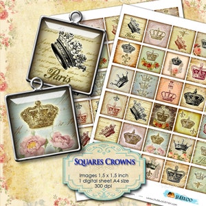 Digital printable SQUARES CROWNS 1.5 inch square crown france paris vintage for jewellery pendant clipart instant download collage qu205
