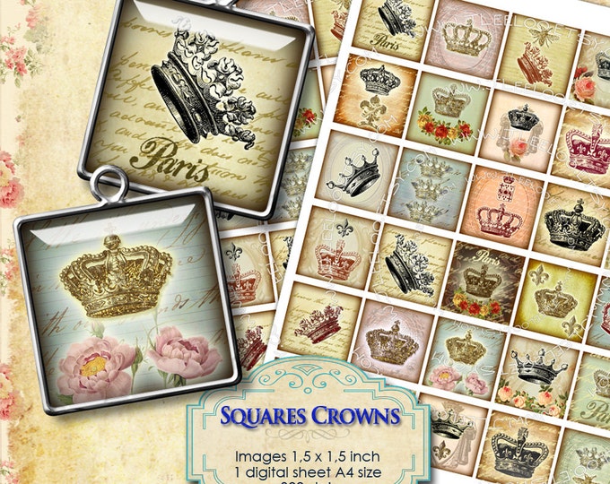 Digital printable SQUARES CROWNS 1.5 inch square crown france paris vintage for jewellery pendant clipart instant download collage qu205