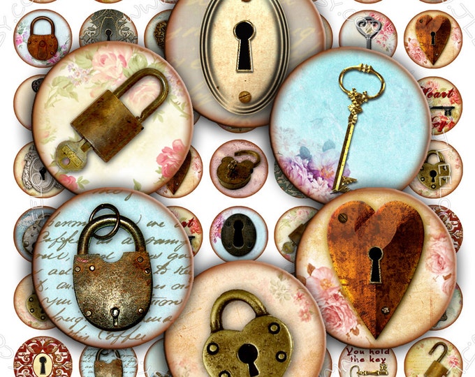 Digital collage KEY To The SECRET 1 inch circle padlock diary romantic for pendant clipart magnet instant download printable tn196