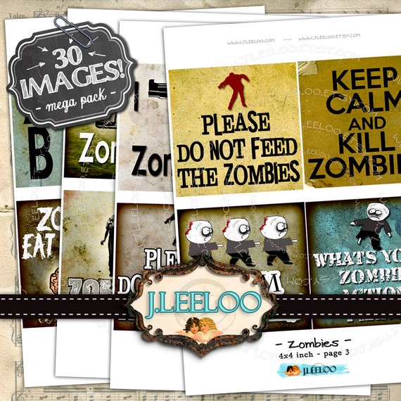 Digital collage ZOMBIES 4x4 inch square printable apocalypse walking dead coaster jewelry holder hang tags instant download qu371