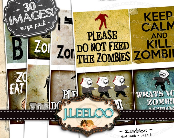 Digital collage ZOMBIES 4x4 inch square printable apocalypse walking dead coaster jewelry holder hang tags instant download qu371