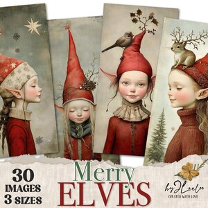 MERRY ELVES 30 afbeeldingen 3 formaten kerstkaarten | Afdrukbaar vintage plakboek Junk Journal | Rustiek pixie-cadeaulabel portret | CU | pp873