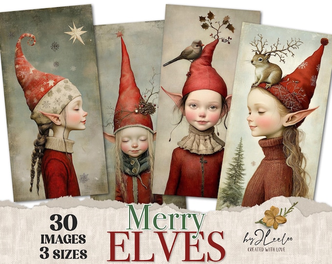 MERRY ELVES 30 Images 3 Sizes Christmas cards | Junk Journal printable vintage Scrapbook | Portrait Rustic Label Pixie Gift Tag | CU | pp873