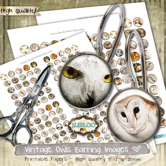 Digital sheet VINTAGE OWL 12mm 16mm 20mm circle bird for jewelry earrings rings raptors pendant craft instant download printable tn192