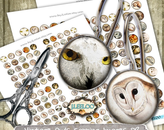 Digital sheet VINTAGE OWL 12mm 16mm 20mm circle bird for jewelry earrings rings raptors pendant craft instant download printable tn192