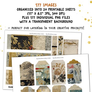 May include: Digital collage sheets featuring vintage botanical and script designs. Includes 177 images organized into 20 printable sheets, each 11" x 8.5" JPG at 300 DPI, plus 177 individual PNG files with transparent backgrounds. Perfect for layering in creative projects.