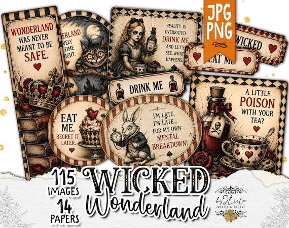 WICKED WONDERLAND Alice Halloween Clipart, Vintage Junk Journal Ephemera, Creepy Labels, Gothic Printable PNG | tl387