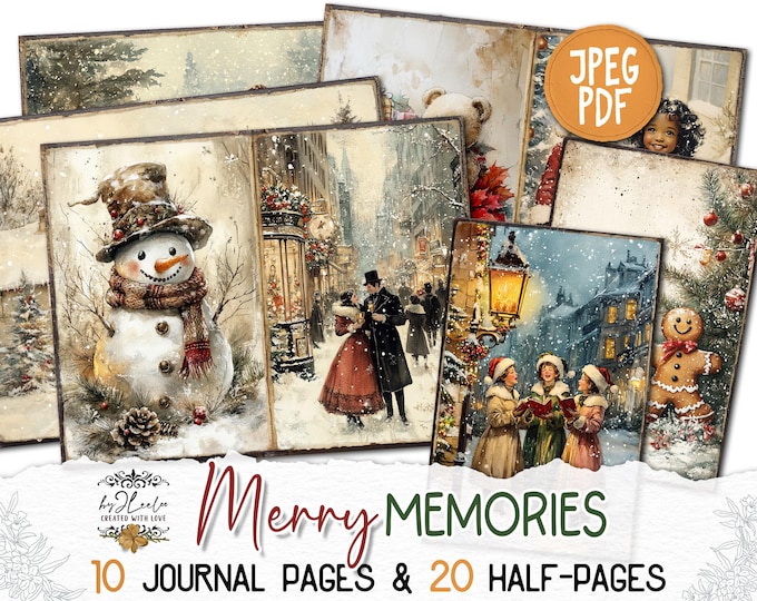 MERRY MEMORIES Junk Journal Christmas Pages printable | Cozy village Winter Cottage | Victorian Kit scrapbook December Paper Craft  | pp874