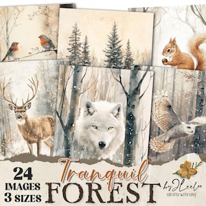 TRANQUIL FOREST 24 feestelijke illustraties 3 maten | Kerst natuur dagboek pagina tag label plakboek | Wanddecoratie huis met wilde dieren | pp887