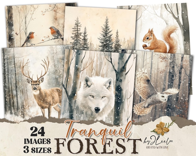 TRANQUIL FOREST 24 festive illustrations 3 Sizes | Christmas Nature Journal Page Tag Label Scrapbook | Wild animal home wall decor | pp887