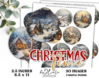CHRISTMAS TIME 2.5 inch circle | holidays drawing craft supplies | mirrors cupcake topper scrapbook magnets | Junk journal ephemera | tn827