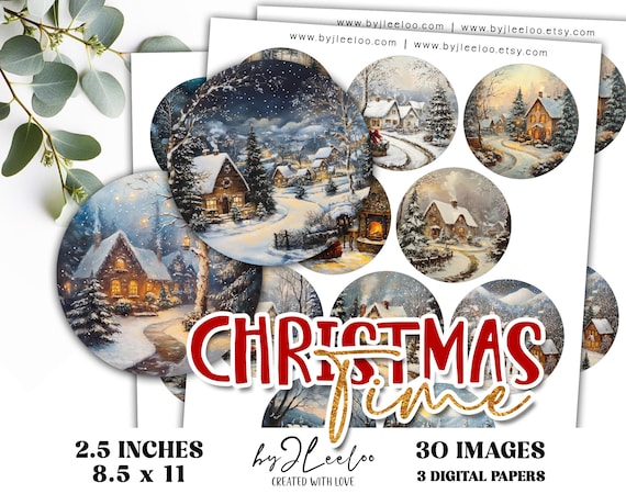 CHRISTMAS TIME 2.5 inch circle | holidays drawing craft supplies | mirrors cupcake topper scrapbook magnets | Junk journal ephemera | tn827