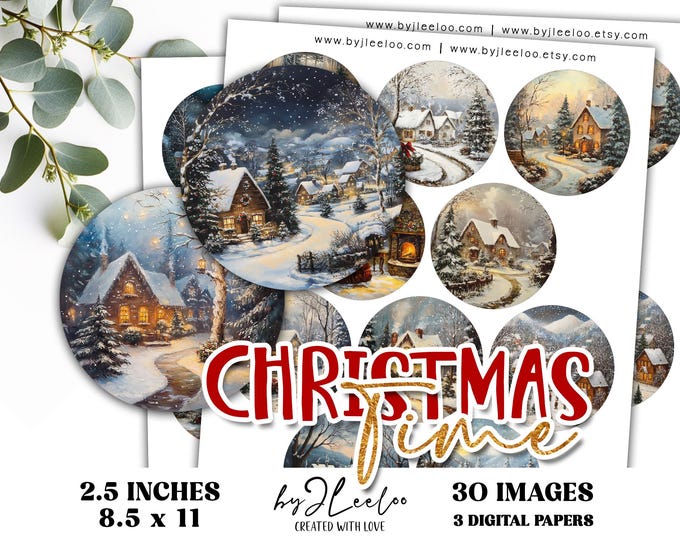 CHRISTMAS TIME 2.5 inch circle | holidays drawing craft supplies | mirrors cupcake topper scrapbook magnets | Junk journal ephemera | tn827