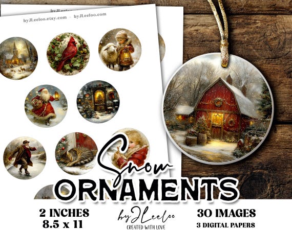 SNOW ORNAMENTS – 2 Inch Christmas Round Fine Art Images for Crafts, Jewelry, Ornaments, Vintage Holiday Circles, Printable Ephemera | tn847