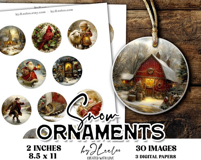 SNOW ORNAMENTS – 2 Inch Christmas Round Fine Art Images for Crafts, Jewelry, Ornaments, Vintage Holiday Circles, Printable Ephemera | tn847