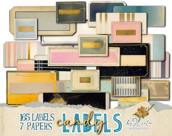 CANDY LABELS distressed whimsy printable | Fancy grungy tag ephemera junk journal | Pink Gold Ivory Pastel images digital collage | tl296