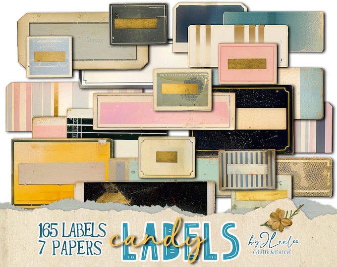 CANDY LABELS distressed whimsy printable | Fancy grungy tag ephemera junk journal | Pink Gold Ivory Pastel images digital collage | tl296