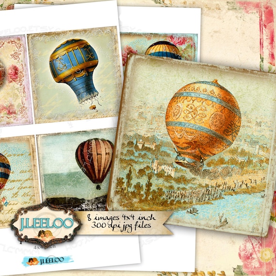 Digital collage MONTGOLFIER 4x4 inch sky fly hot air balloon coaster magnet stickers hang tags instant download printable qu415