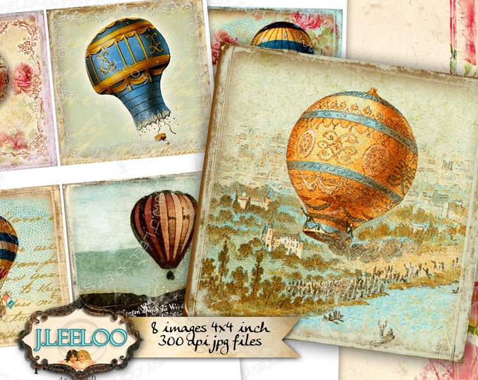 Digital collage MONTGOLFIER 4x4 inch sky fly hot air balloon coaster magnet stickers hang tags instant download printable qu415