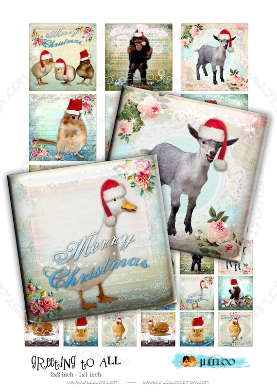 Digital collage sheet GREETING TO ALL 2x2 1x1 inch jewelry magnet mirror animal friends hang tags  instant download printable qu387