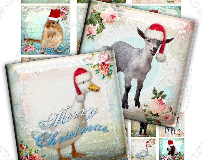 Digital collage sheet GREETING TO ALL 2x2 1x1 inch jewelry magnet mirror animal friends hang tags  instant download printable qu387