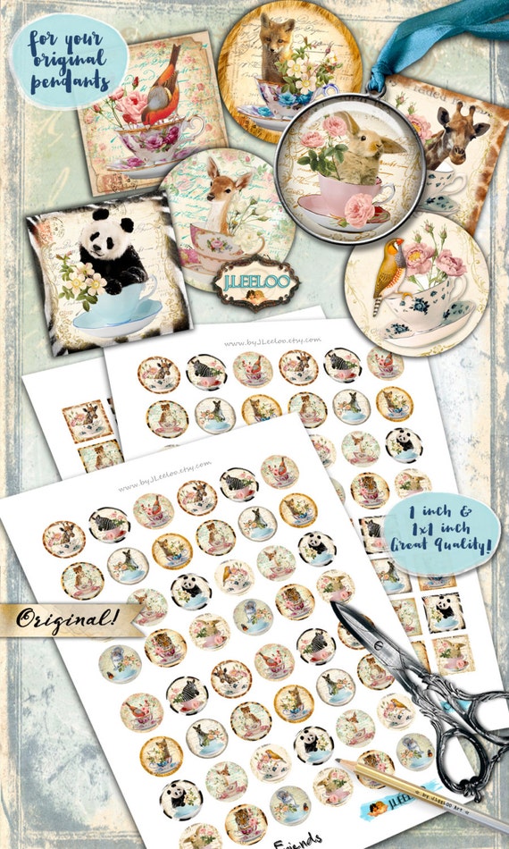 Digital print TEA WITH FRIENDS 1 inch 1x1 inch hang tag wild animal images pendant magnet instant download printable image tn337